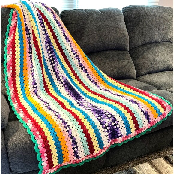Rainbow striped Afghan Crocheted throw lap blanket hand-made Boho chic 37 x 67 - Picture 1 of 9